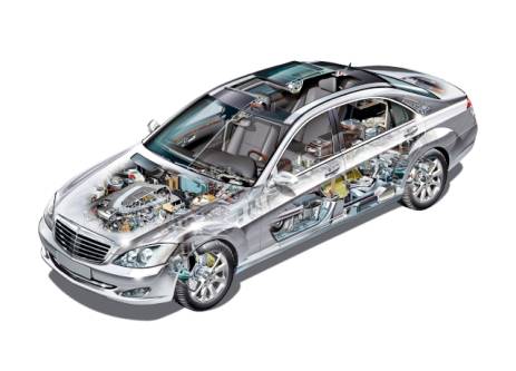 Mercedes-Benz S-Klasse W221. Phantombiild, teilgeschnitten. Fokus auf Komponenten der Luftfederung. 